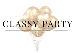 Gold balloons with confetti and 'Classy Party' text on a white background - Class Party Official Brand Logo