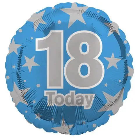 18th Birthday Balloon – 18″ Blue Foil with Silver “18 Today” (Uninflated)