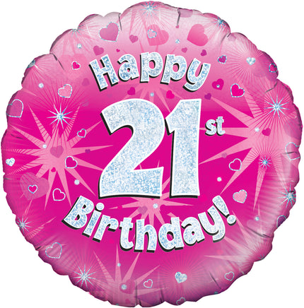 Happy 21st Birthday Balloon – 18″ Pink & Silver Glitter Foil (Uninflated)