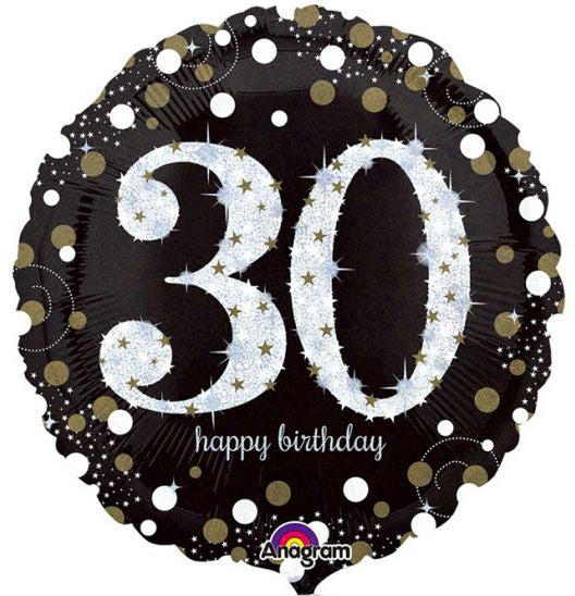 Happy 30th Birthday Foil Balloon – 18″ Holographic Black, Silver & Gold Party Decoration (Uninflated)