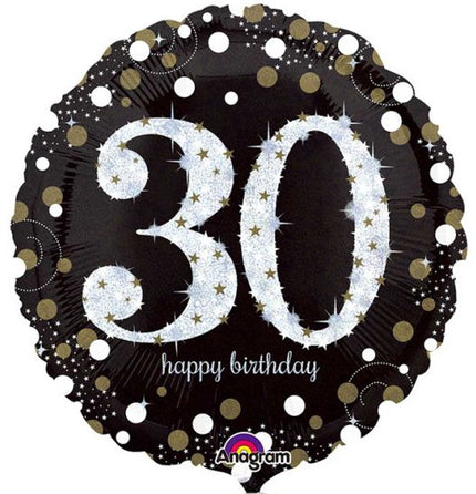 Happy 30th Birthday Foil Balloon – 18″ Holographic Black, Silver & Gold Party Decoration (Uninflated)