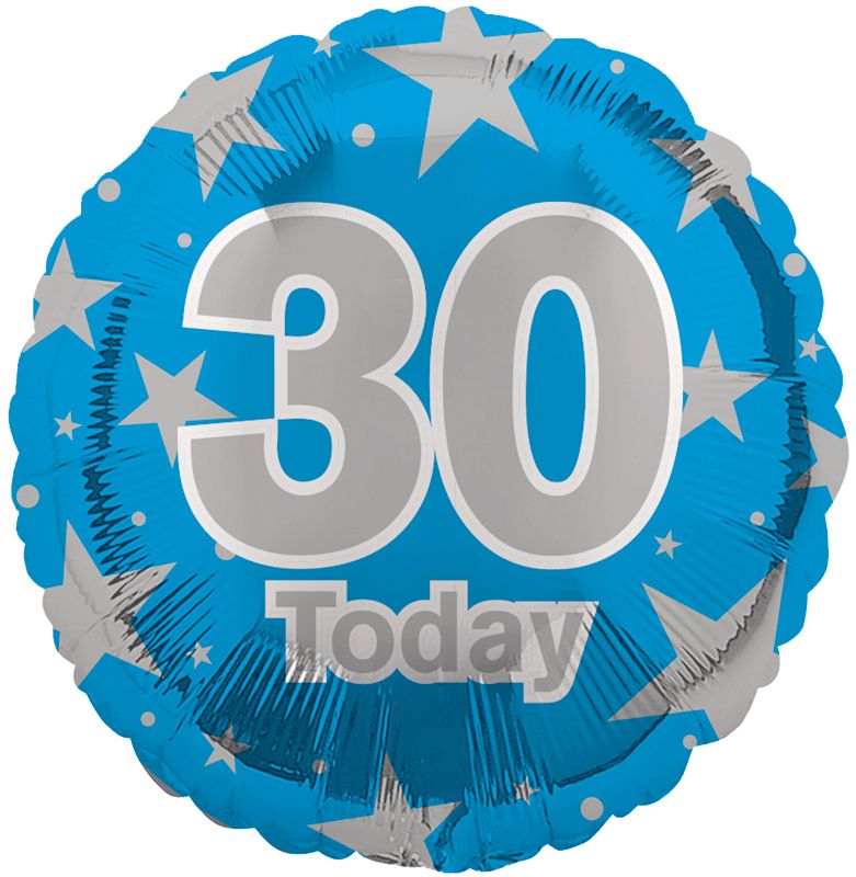 30th Birthday Balloon – 18″ Blue & Silver Foil “30 Today” (Uninflated)