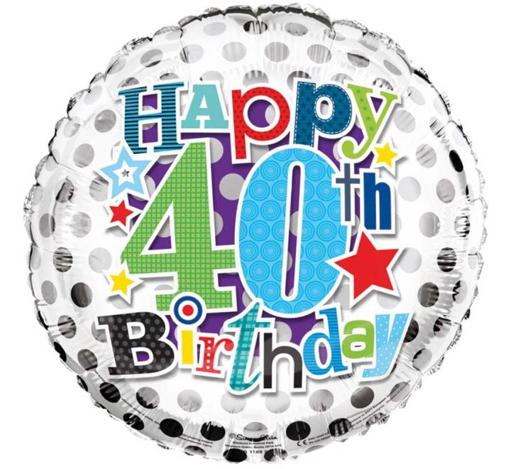 Happy 40th Birthday Balloon – 18″ Silver & White Polka Dot Foil Balloon (Uninflated)