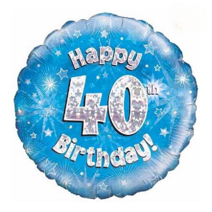 40th Birthday Balloon – 18″ Holographic Blue & Silver Foil (Uninflated)