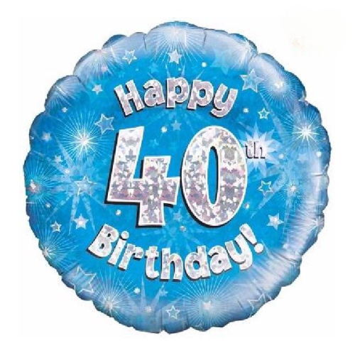 40th Birthday Balloon – 18″ Holographic Blue & Silver Foil (Uninflated)