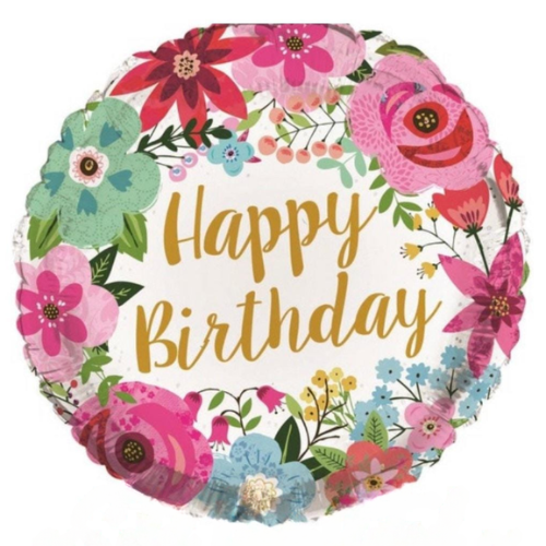 Happy Birthday Floral Balloon – 18″ Elegant Foil (Uninflated)