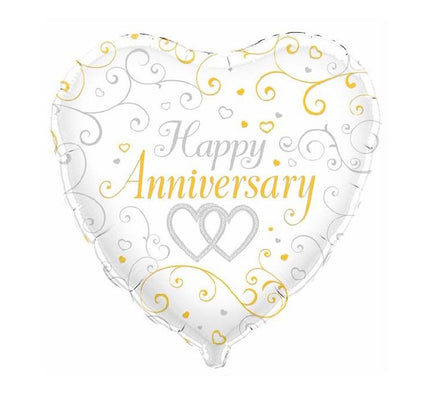 Happy Anniversary Balloon – 18″ Foil Balloon with Silver, Gold & White Hearts