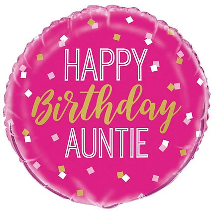 Happy Birthday Auntie Balloon – 18″ Pink & Gold Foil (Uninflated)