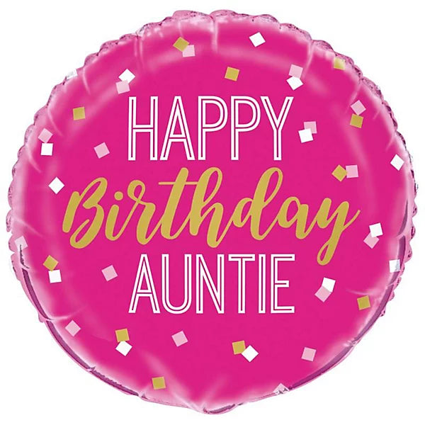 Happy Birthday Auntie Balloon – 18″ Pink & Gold Foil (Uninflated)