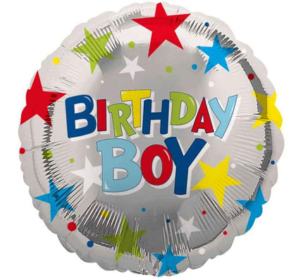 Birthday Boy Balloon – 18″ Silver Foil with Colourful Stars (Uninflated)