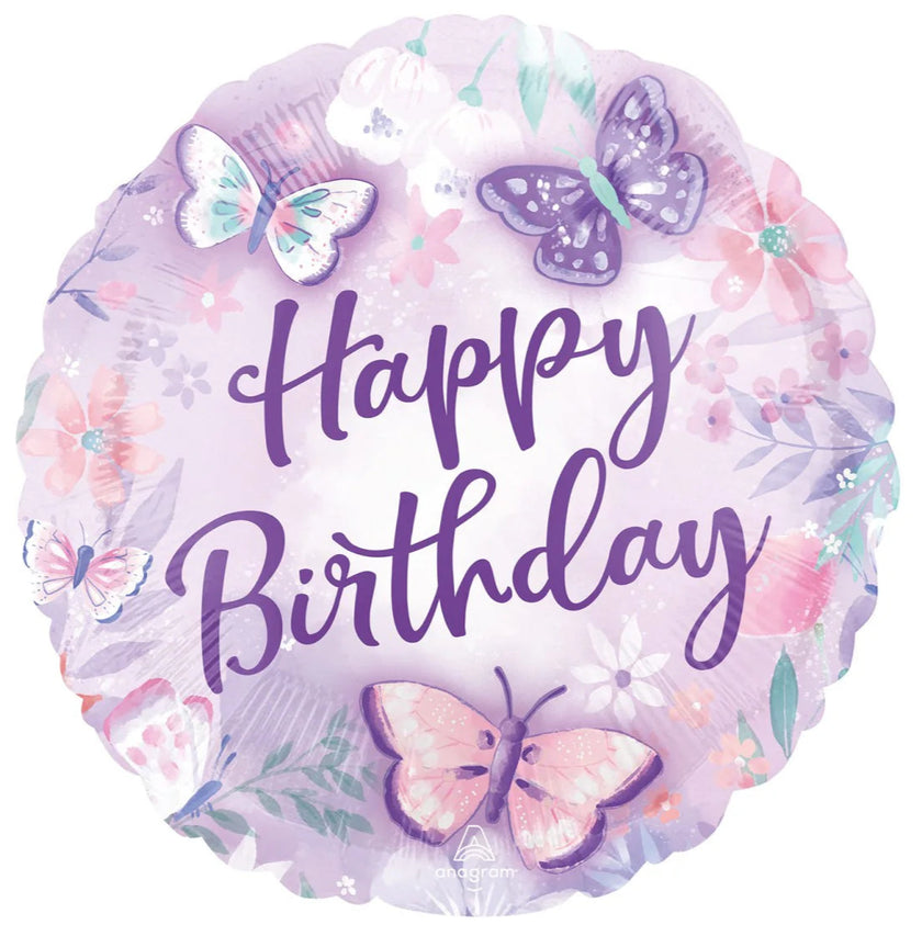 Floral Happy Birthday Foil Balloon – 18″ Pink & Purple Butterfly Balloon (Uninflated) 🌸🎈