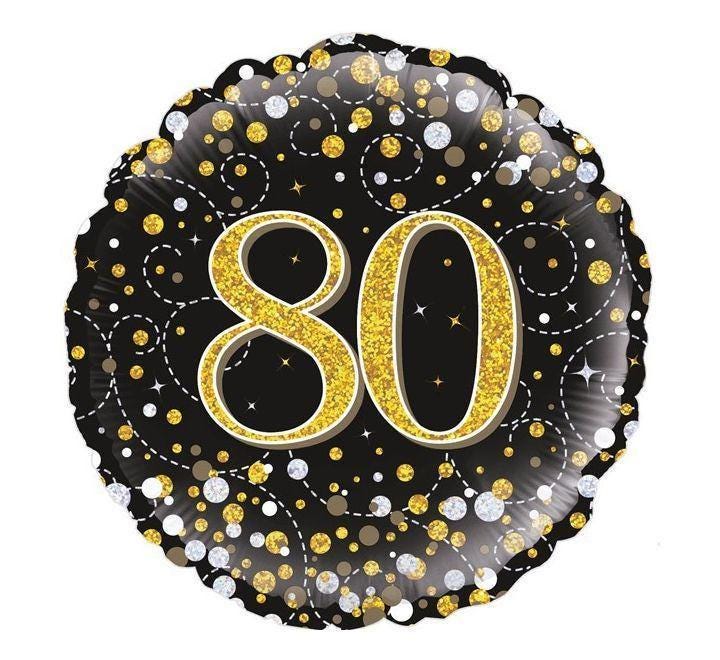 80th Birthday Balloon – 18″ Black & Gold Holographic Foil (Uninflated)