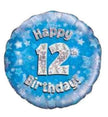 12th Birthday Balloon – 18″ Blue & Silver Holographic Foil (Uninflated)