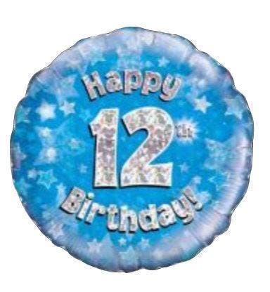 12th Birthday Balloon – 18″ Blue & Silver Holographic Foil (Uninflated)