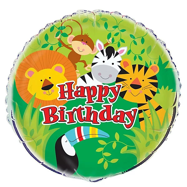 Jungle Theme Happy Birthday Balloon – 18″ Safari Animals Foil (Uninflated)