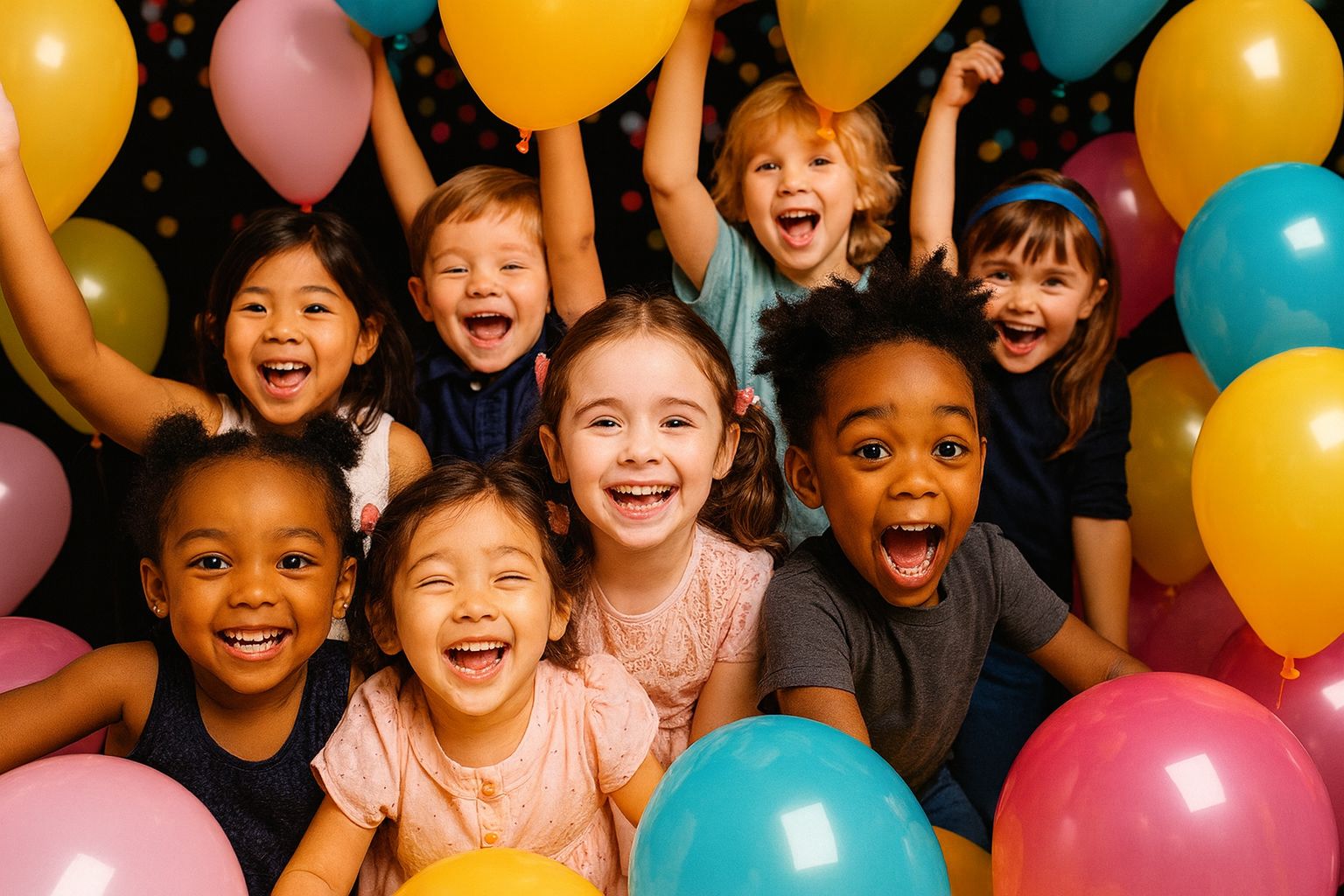 Group of smiling children surrounded by colourful balloons at a party