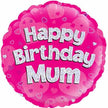 Happy Birthday Mum Balloon – 18″ Pink Heart Foil Party Decoration (Uninflated)